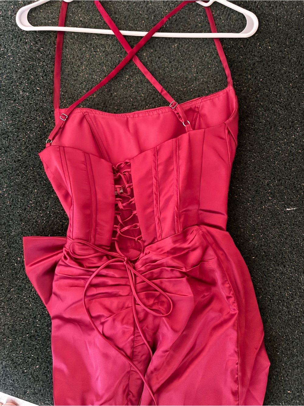 Burgundy Satin Spaghetti Strap Satin Gown Hi-Low Corset top & Bow Detail Size 2 - Picture 3 of 5